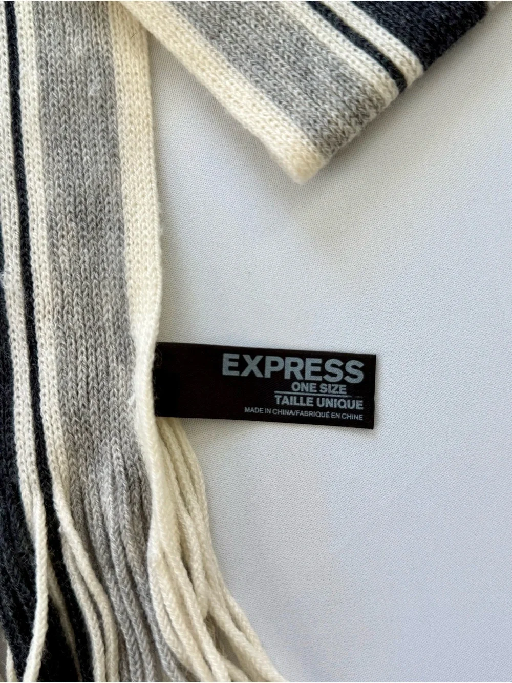 Express Striped Knit Scarf in Cream, Black & Gray